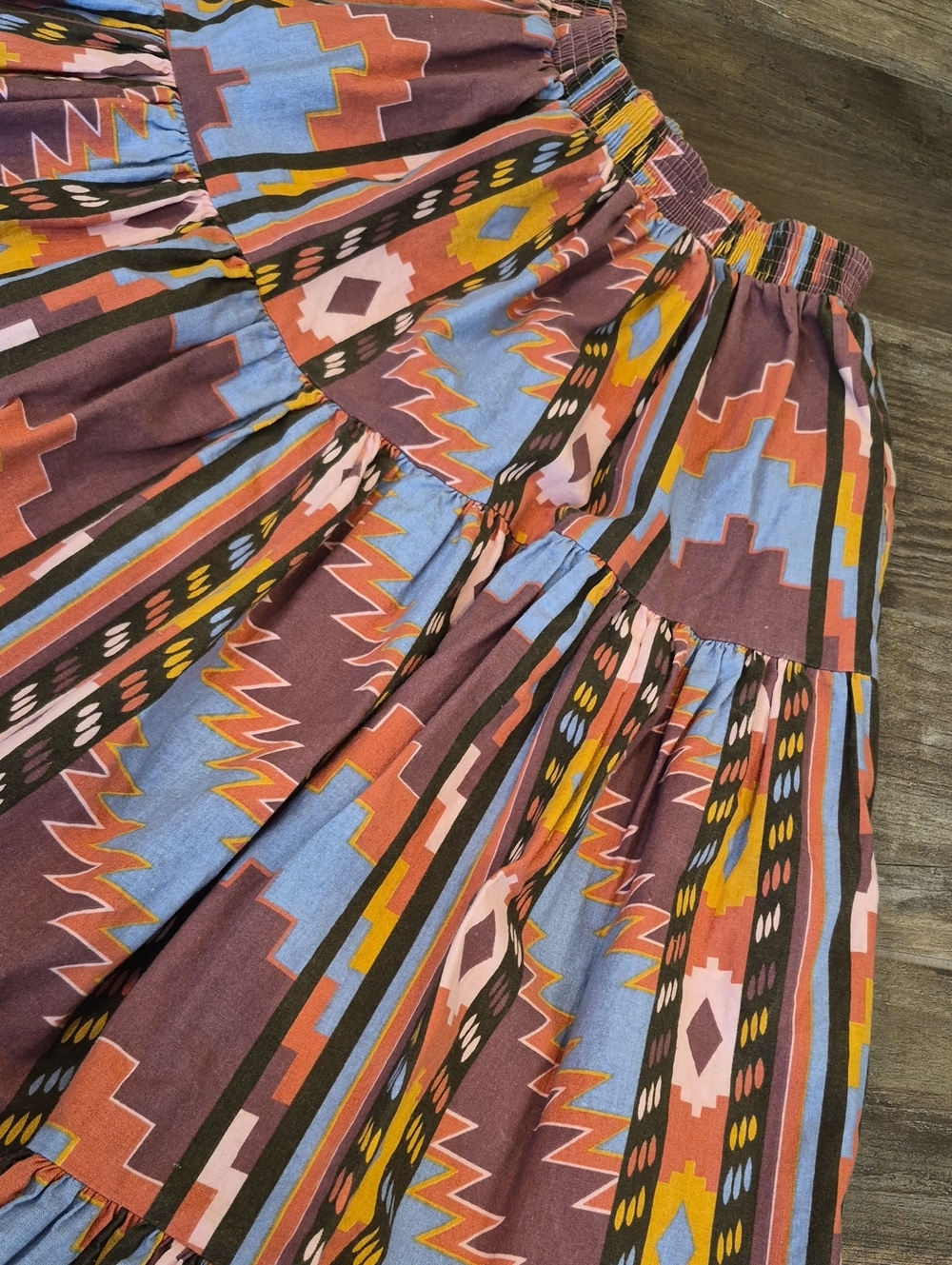 XXS-M Vtg Rockmount Ranch Wear Aztec Print Tiered Elastic Waist Midi Skirt - Picture 14 of 15